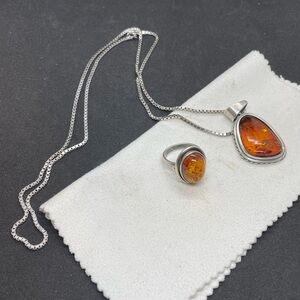 Vintage Sterling Silver and Amber Jewelry Set, necklace 24”, ring size 6